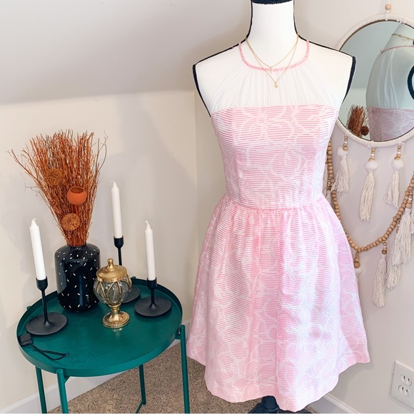 Lilly Pulitzer Kailey Halter Pink White Floral Striped Chiffon Dress - Picture 2 of 9